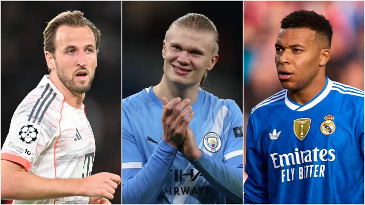 Harry Kane (L) of FC Bayern Munich, Erling Haaland (M) of Manchester City, and Kylian Mbappe (R) of Real Madrid.