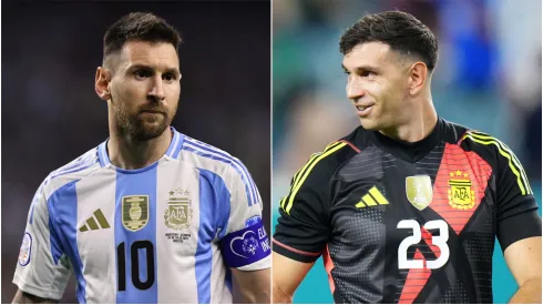Lionel Messi (L) and Emiliano Martinez (R) of Argentina.