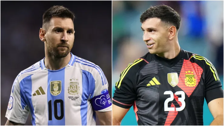 Lionel Messi (L) and Emiliano Martinez (R) of Argentina.