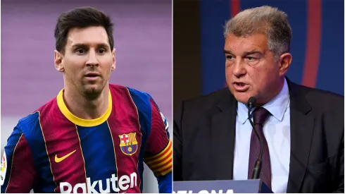 Lionel Messi (L) and FC Barcelona President Joan Laporta (R).