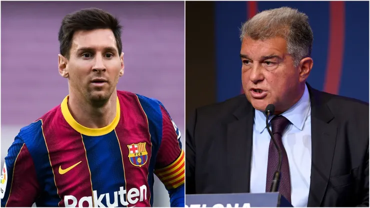 Lionel Messi (L) and FC Barcelona President Joan Laporta (R).