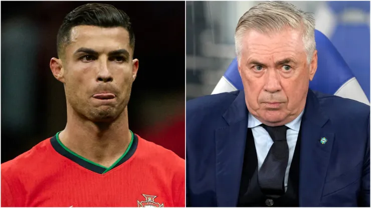 Cristiano Ronaldo of Portugal and Head coach Carlo Ancelotti of Brazil.
