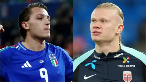 Mateo Retegui (L) of Italy and Erling Haaland (R) of Norway.