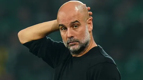 Pep Guardiola, Manager of Manchester City, looks on during the UEFA Champions League.
