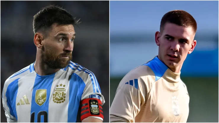 Lionel Messi (L) and Franco Mastantuono (R) of Argentina.