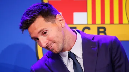 Lionel Messi of FC Barcelona faces the media during a press conference at Nou Camp on August 08, 2021 in Barcelona, Spain.