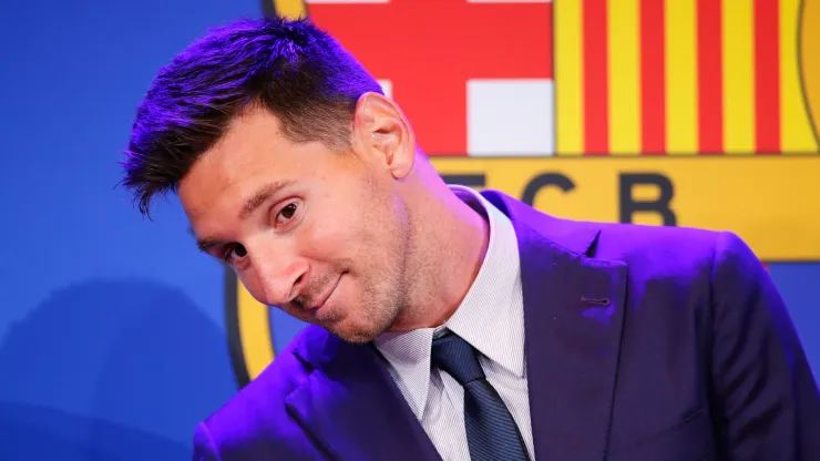 Lionel Messi of FC Barcelona faces the media during a press conference at Nou Camp on August 08, 2021 in Barcelona, Spain.
