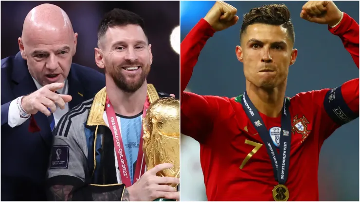 Lionel Messi, Gianni Infantino (left) and Cristiano Ronaldo (right)