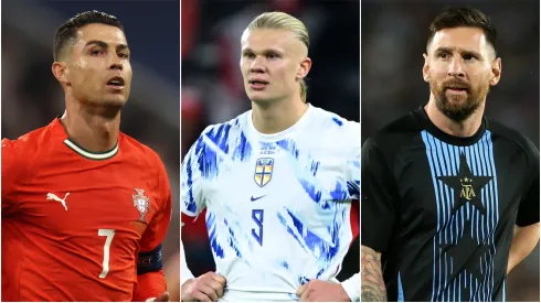 Cristiano Ronaldo (L) of Portugal, Erlling Haaland (M) of Norway, and Lionel Messi (R) pf Argentina.