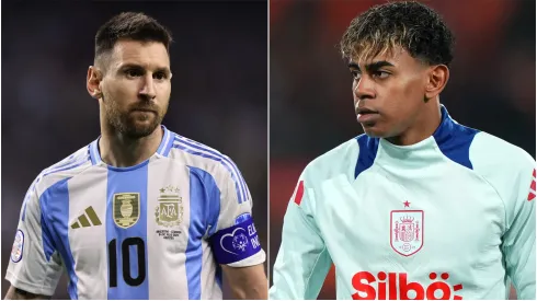 Lionel Messi (L) of Argentina and Lamine Yamal (R) #19 of Spain.