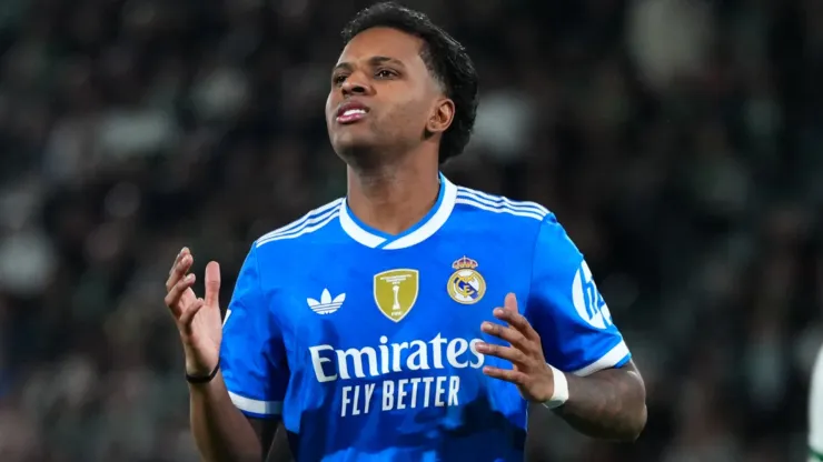 Rodrygo of Real Madrid reacts during the LaLiga EA Sports match.