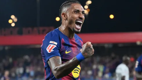 Raphinha of FC Barcelona celebrates scoring a goal.