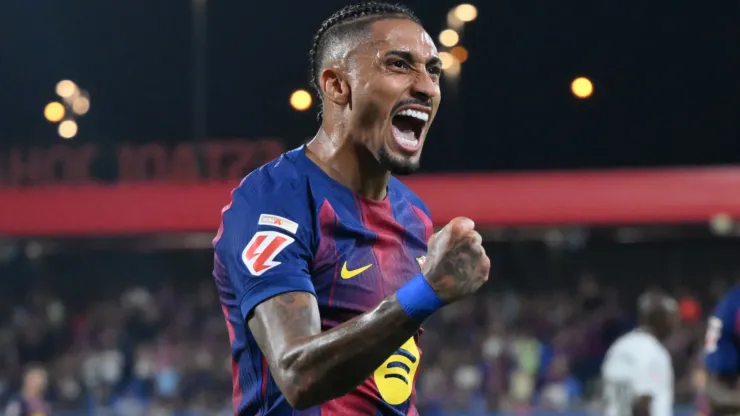 Raphinha of FC Barcelona celebrates scoring a goal.