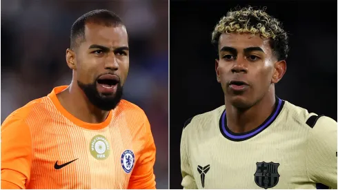 Robert Sanchez (L) of Chelsea and Lamine Yamal (R) of FC Barcelona.