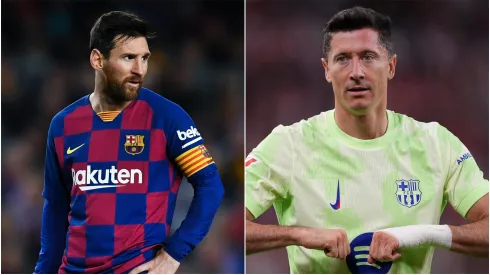 Lionel Messi (L) and Robert Lewandowski (R) of FC Barcelona.