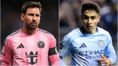 Lionel Messi (L) #10 of Inter Miami CF and Agustin Ojeda (R) #26 of New York City FC.