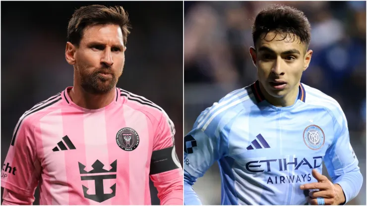 Lionel Messi (L) #10 of Inter Miami CF and Agustin Ojeda (R) #26 of New York City FC.