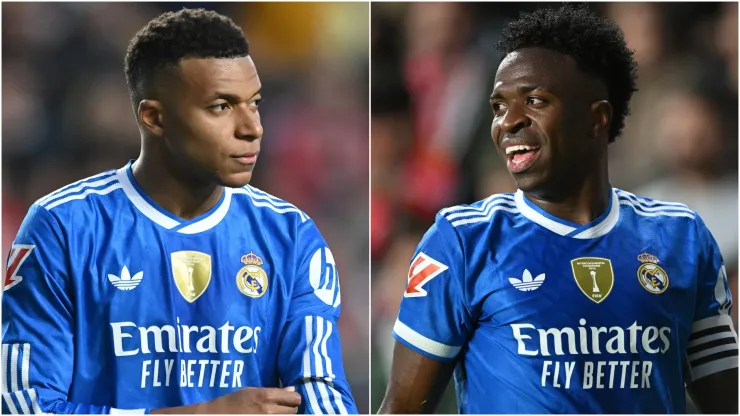 Kylian Mbappe (L) and Vinicius Junior (R) of Real Madrid.