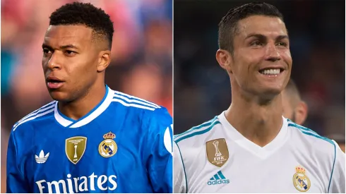 Real Madrid star Kylian Mbappe and Cristiano Ronaldo looking on.