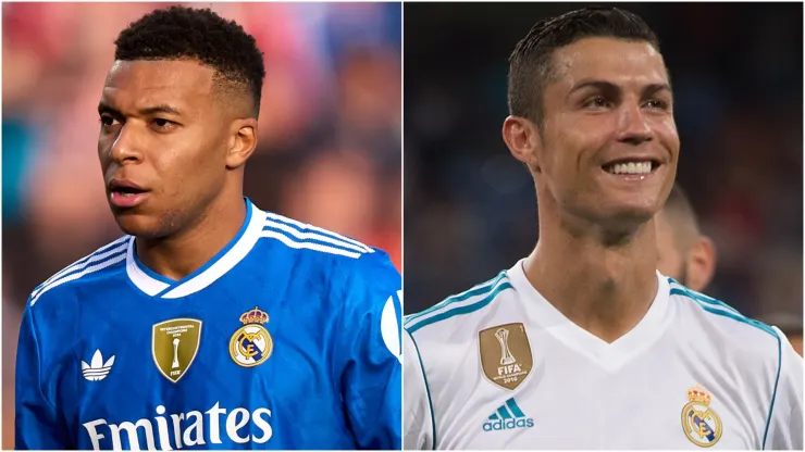 Real Madrid star Kylian Mbappe and Cristiano Ronaldo looking on.