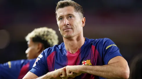Robert Lewandowski of FC Barcelona celebrates scoring a goal.