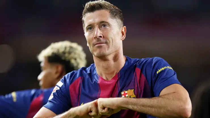 Robert Lewandowski of FC Barcelona celebrates scoring a goal.