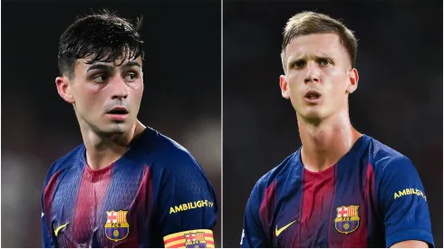 Pedri (L) and Dani Olmo (R) of FC Barcelona.