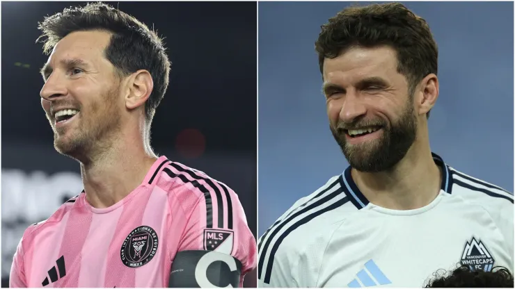 Lionel Messi #10 of Inter Miami CF and Thomas Müller #13 of the Vancouver Whitecaps.