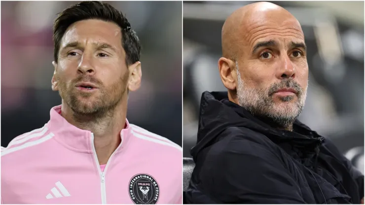 Lionel Messi #10 of Inter Miami CF and Pep Guardiola, Manager of Manchester City.