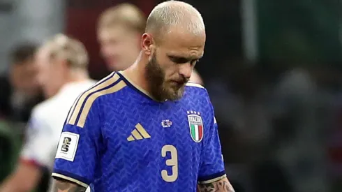 Federico Dimarco of Italy looks dejected during a FIFA World Cup 2026 qualifier match.