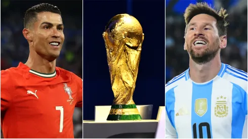 Cristiano Ronaldo (left), the World Cup trophy (center), and Lionel Messi (right)