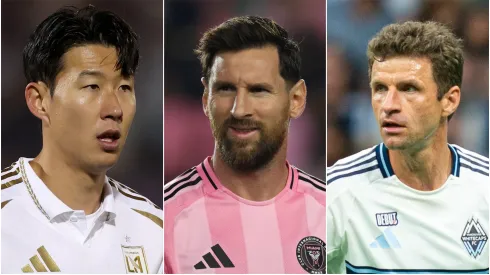 Heung Min Son (L) of the Los Angeles Football Club, Lionel Messi (M) #10 of Inter Miami CF, and Thomas Muller (R) #13 of the Vancouver Whitecaps.