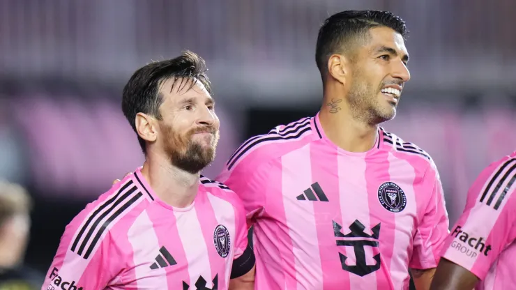 Lionel Messi of Inter Miami CF celebrates after scoring with teammate Luis Suárez