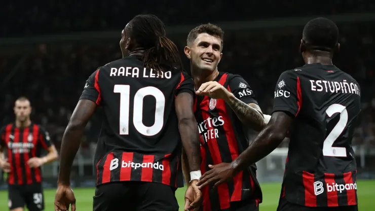 Christian Pulisic of AC Milan celebrates after scoring a goal with Rafael Leao.