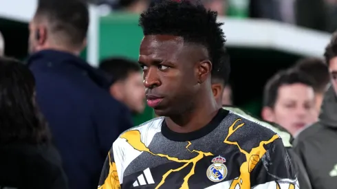 Vinicius Junior of Real Madrid looks on prior to the LaLiga EA Sports match.