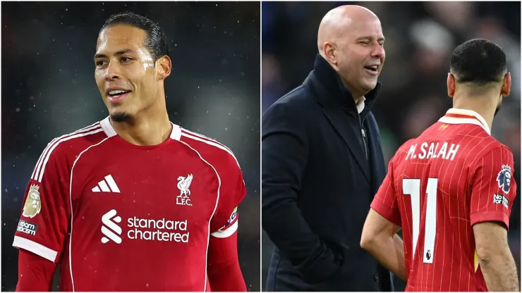 Liverpool's Virgil van Dijk, Arne Slot and Mohamed Salah.