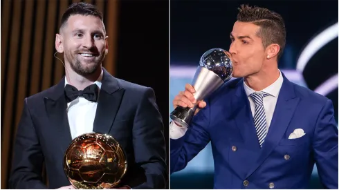 Lionel Messi holding the Ballon d'Or trophy and Cristiano Ronaldo kissing The Best FIFA award.