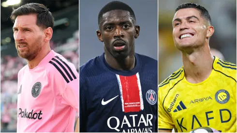 Lionel Messi #10 of Inter Miami CF, Ousmane Dembele of Paris Saint-Germain and Cristiano Ronaldo of Al Nassr.
