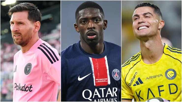 Lionel Messi #10 of Inter Miami CF, Ousmane Dembele of Paris Saint-Germain and Cristiano Ronaldo of Al Nassr.