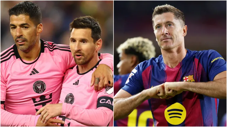 Luis Suarez and Lionel Messi (left), Robert Lewandowski (right)