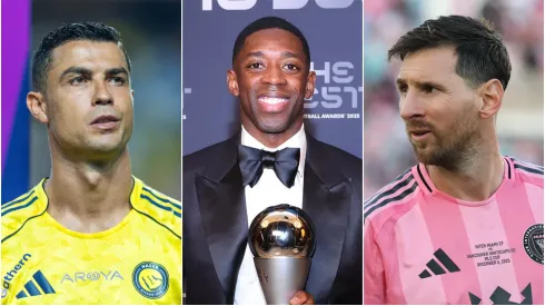 Cristiano Ronaldo (L) of Al-Nassr, Ousmane Dembele (M) of PSG, and Lionel Messi (R) of Inter Miami.