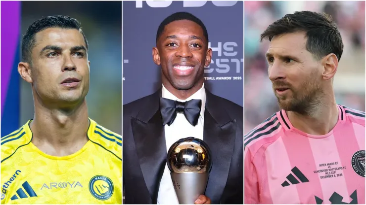 Cristiano Ronaldo (L) of Al-Nassr, Ousmane Dembele (M) of PSG, and Lionel Messi (R) of Inter Miami.