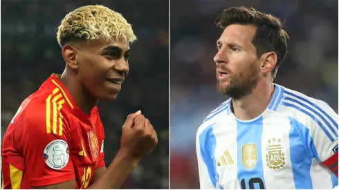 Lamine Yamal (L) of Spain and Lionel Messi (R) of Argentina.