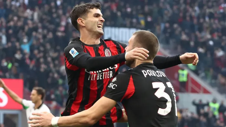 Christian Pulisic of AC Milan celebrates his goal with Strahinja Pavlovic that was later disallowed