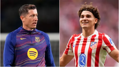 Robert Lewandowski (L) of FC Barcelona and Julian Alvarez (R) of Atletico de Madrid.
