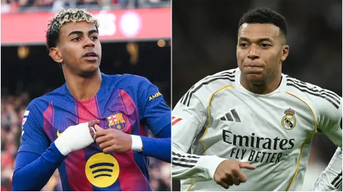 Lamine Yamal of FC Barcelona (L) and Kylian Mbappe (R) of Real Madrid.