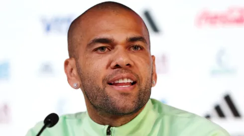 Dani Alves of Brazil speaks during the Brazil Press Conference.