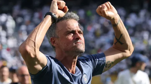 Luis Enrique, Head Coach of Paris Saint-Germain, celebrates.