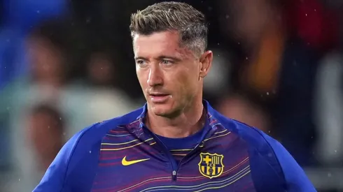 Robert Lewandowski of FC Barcelona looks on during the pre-match warm up.