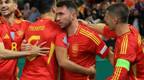 Aymeric Laporte of Spain celebrates scoring